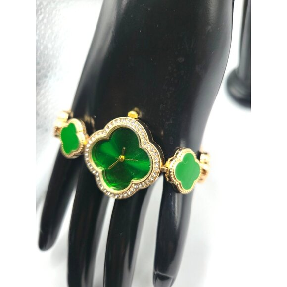 Green Clover Link Bracelet Watch Gold Tone Rhinestone Accents - Picture 2 of 5